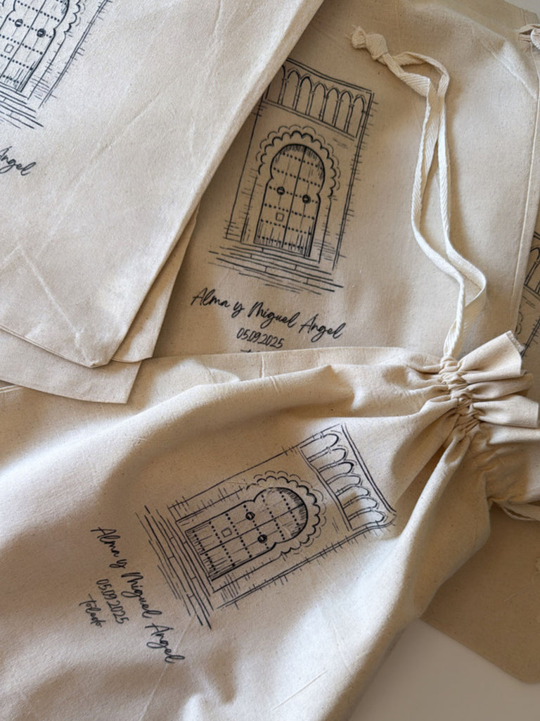 Bolsa de tela personalizada con nombre para regalos de invitados